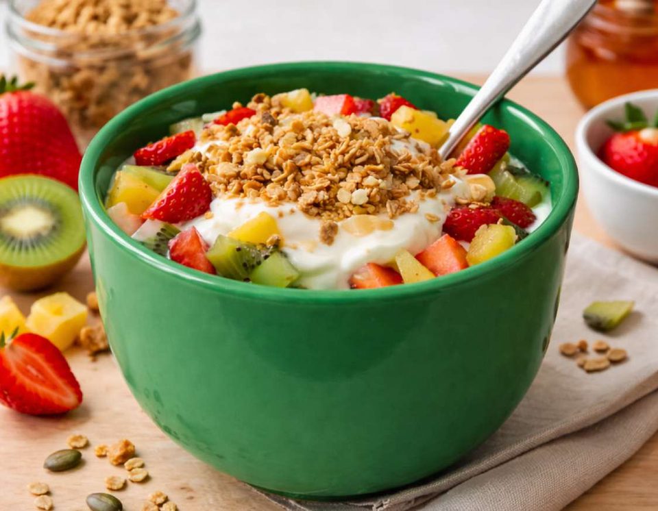 Bowl verde em porcelana com iogurte, granola e frutas