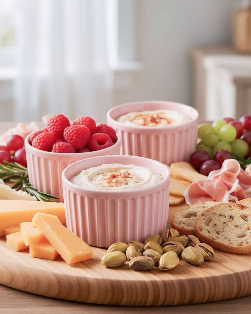 Ramequins rosa em porcelana canelada servindo frutas vermelhas e patê em uma tábua de frios